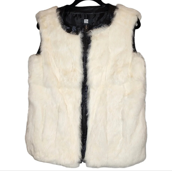 Saks Fifth Avenue Rabbit Fur Leather Zip Vest Women's Size Large Pockets - Picture 1 of 16